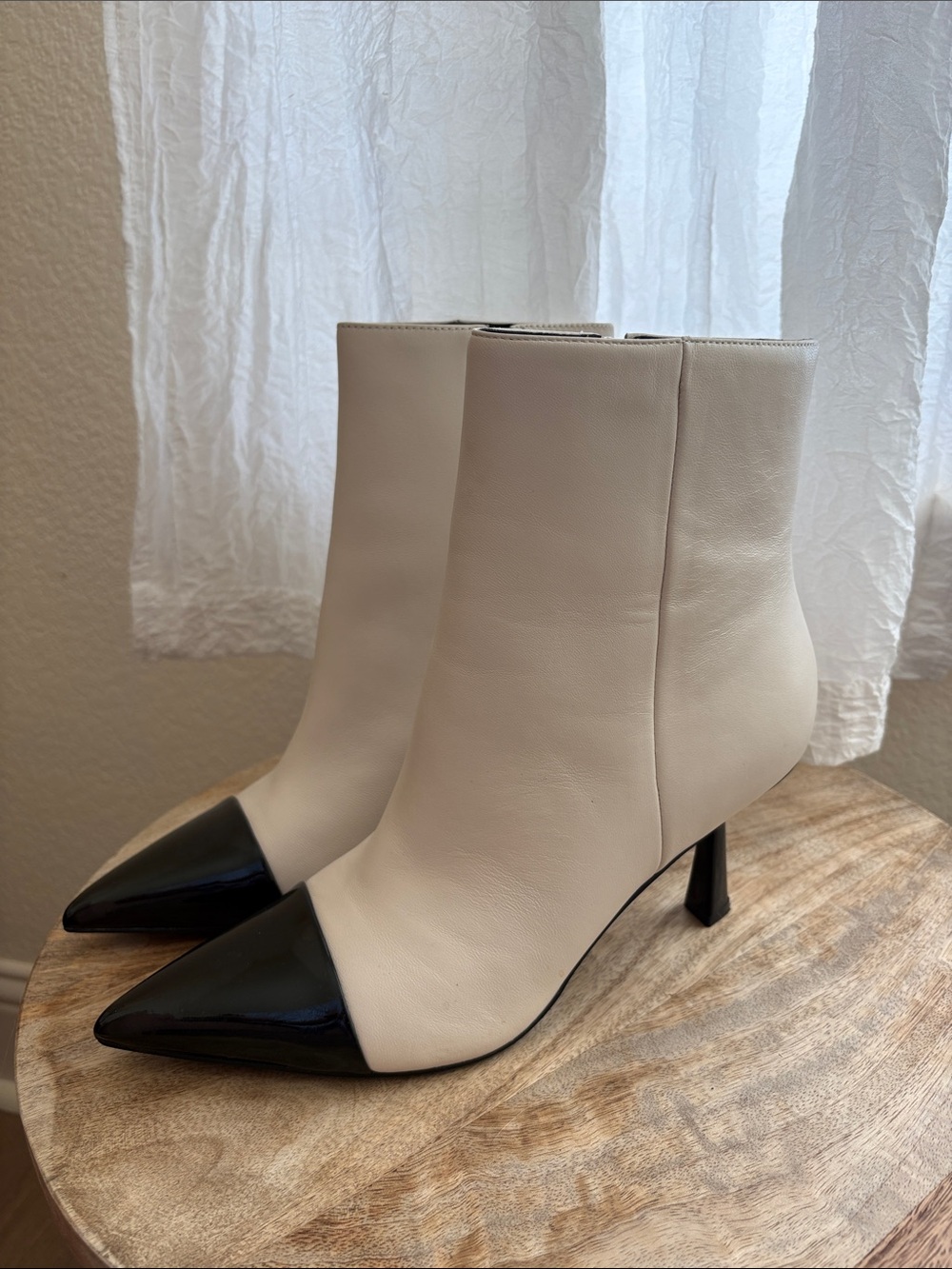 Nine West Cream Ankle Boots with Black Patent Pointed Toes